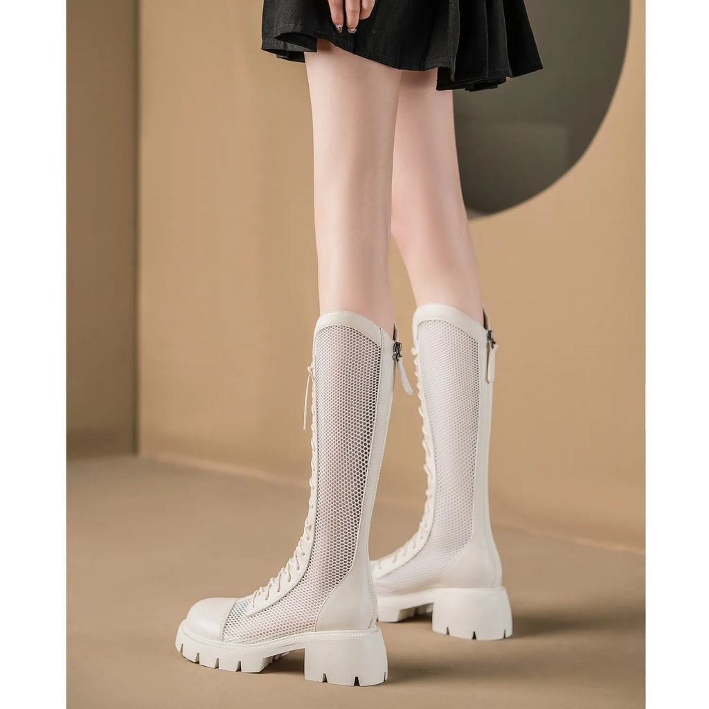 Mulheres verão joelho-alta malha botas altas femininas plataforma respirável malha rendas botas de cavaleiro salto grosso oco longo cavaleiro botas