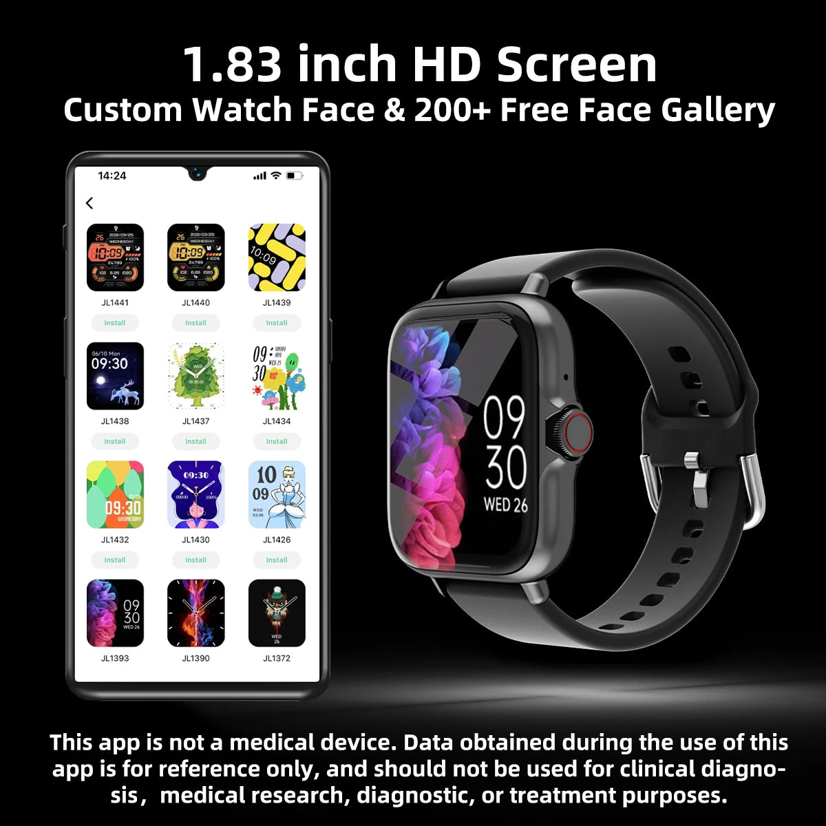 Relógio inteligente de 1,83 '' com mensagem, resposta, chamada, monitoramento do sono, pedômetro esportivo, alertas de informações para iPhone Android