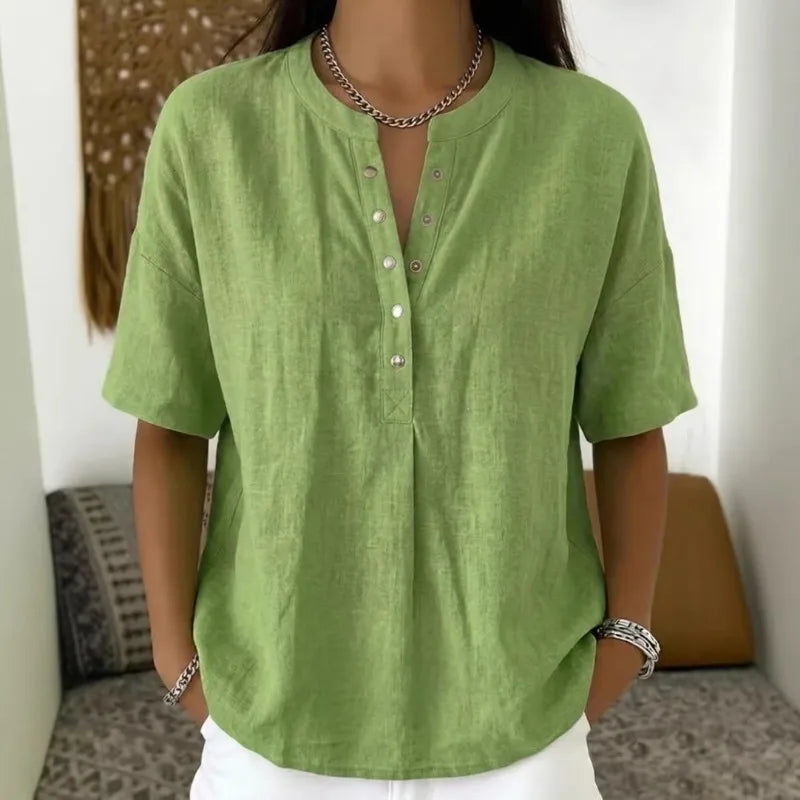 Blusa Feminina de Linho com Gola Henley, Manga Curta, Casual, Solta, Cor Sólida, Top de Verão