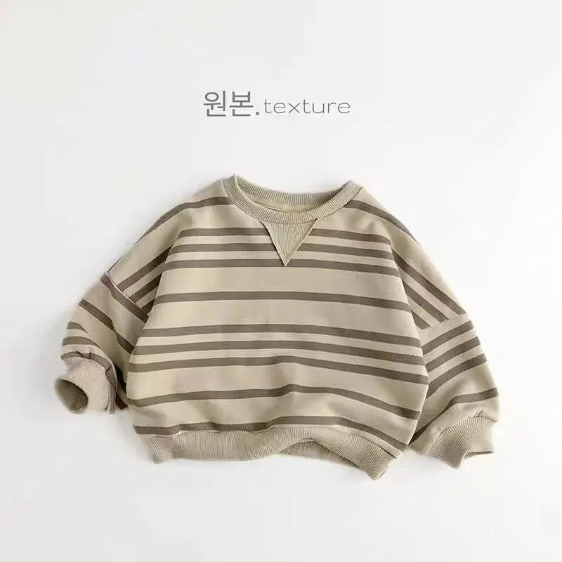 Moletom casual listrado infantil, manga comprida, tops com gola O, pulôver infantil solto, roupas de bebê, meninos, meninas, outono, novo