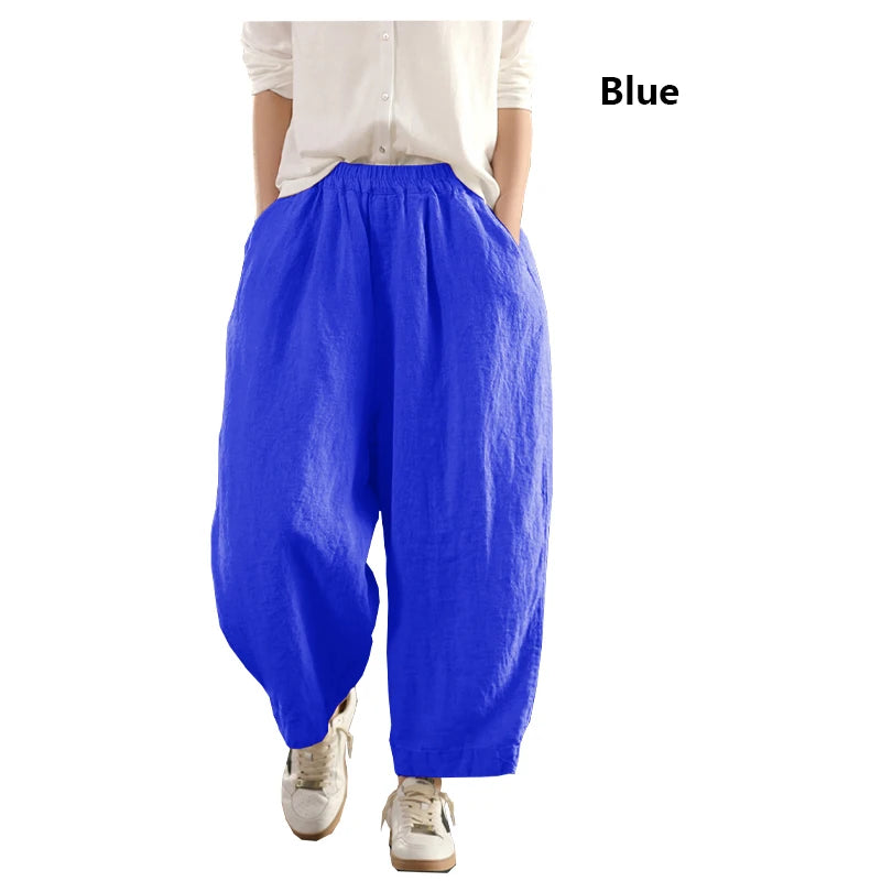 Calças compridas femininas de linho puro natural, estilo solto e retrô, calças largas, roupas de tamanho grande, casuais ao ar livre, confortáveis e legais