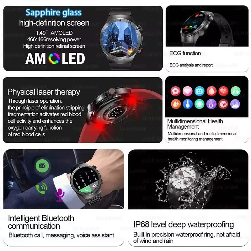 2025 novo tratamento a laser corpo e coração relógio inteligente masculino ecg + ppg ácido úrico gordura no sangue bluetooth chamada rastreador de saúde relógios inteligentes