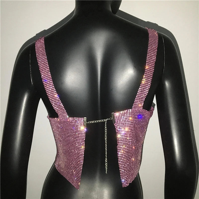 2025 glitter boate sem costas strass regata feminina sexy metal cristal diamantes lantejoulas noite clube festa wear topo de colheita