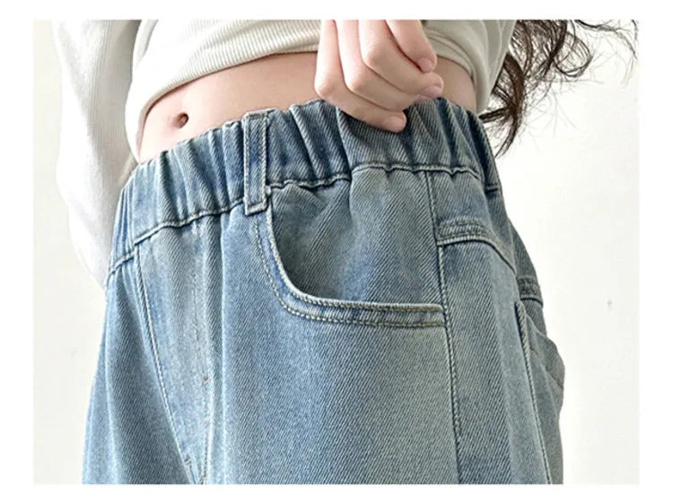 Coreano menina perna larga jeans com lindas borboletas crianças cintura alta solta calças jeans adolescente casual jeans crianças