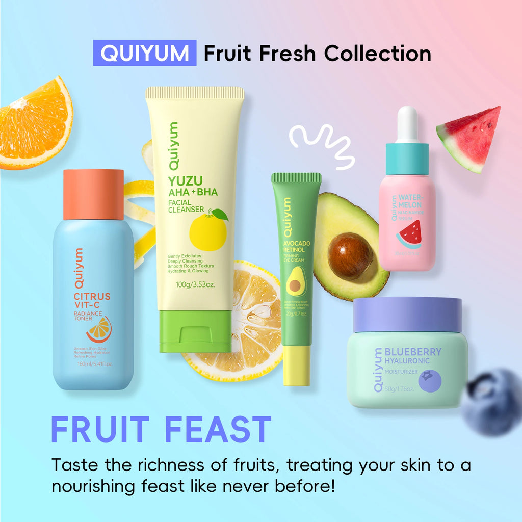 QUIYUM Fruit Fresh Collection Conjunto de cuidados com a pele de 5 peças, brilho, hidratante, anti-idade, cuidados faciais para pele seca e maçante