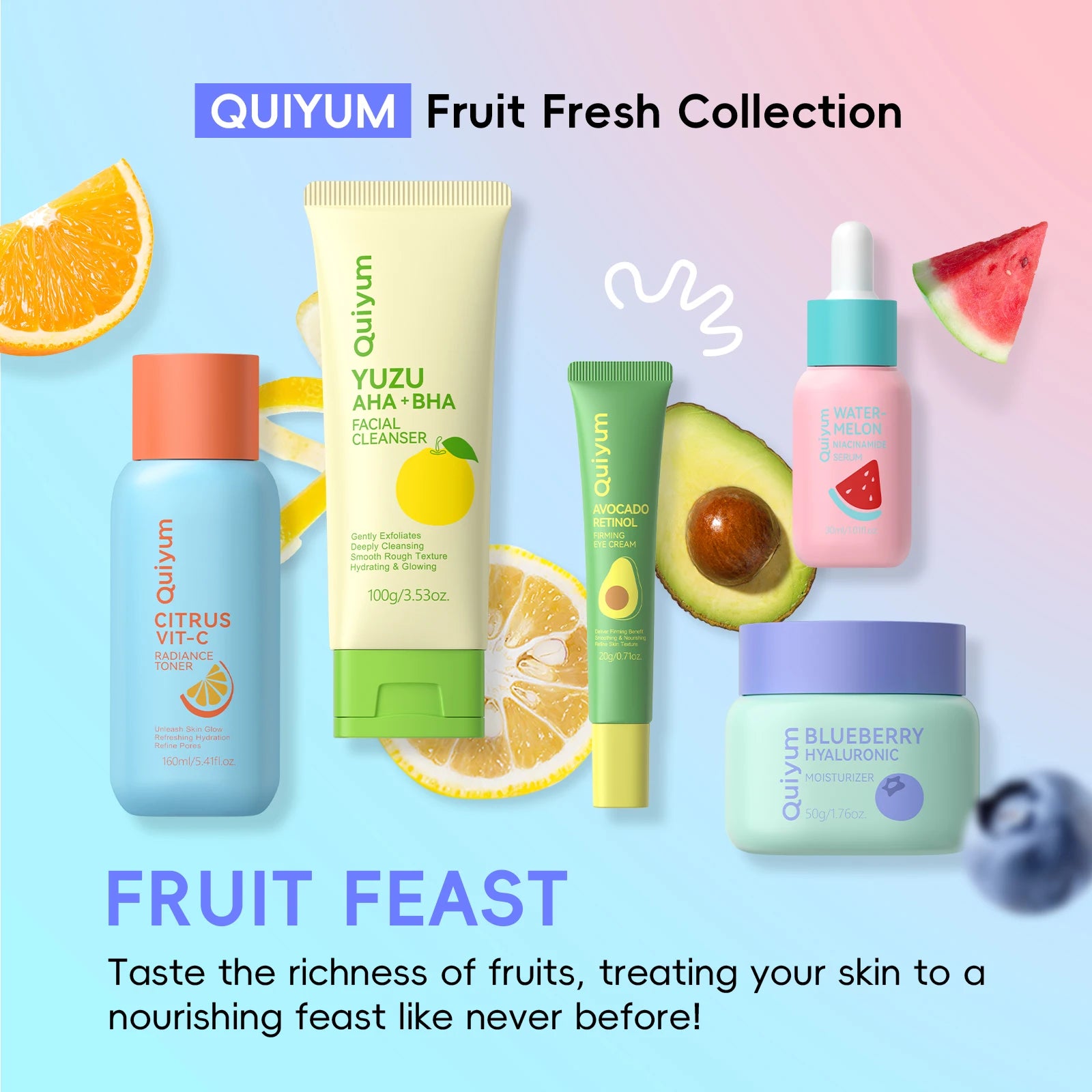 QUIYUM Fruit Fresh Collection Conjunto de cuidados com a pele de 5 peças, brilho, hidratante, anti-idade, cuidados faciais para pele seca e maçante