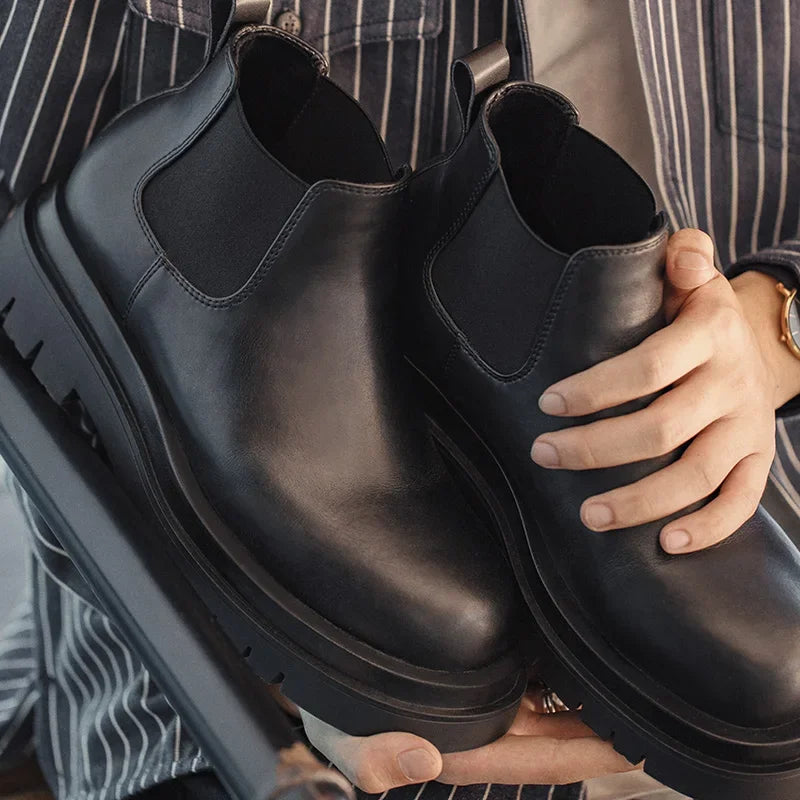 Botas Chelsea Vintage Masculinas Maden, Estilo Britânico, Botas Altas Pretas com Bico Redondo, Calçados Clássicos para Outono e Inverno