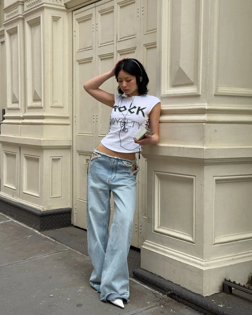Calça Jeans Feminina Y2K Chic com Estrelas e Diamantes, Cintura Baixa, Recortes Laterais, Perna Larga Solta, Estilo Hip-Hop Streetwear Retrô Elegante