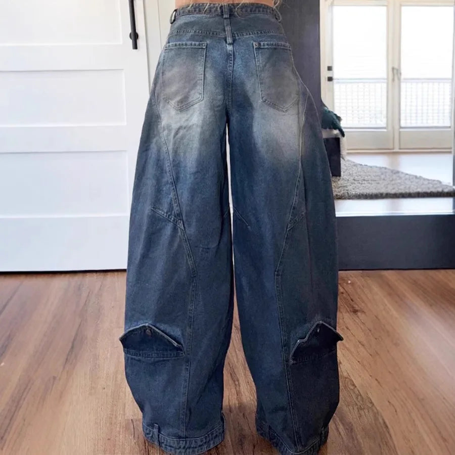 Calças de brim calças de perna larga mulheres vintage denims calças soltas estiramento meados de cintura lavado angustiado até o chão 2025 streetwear