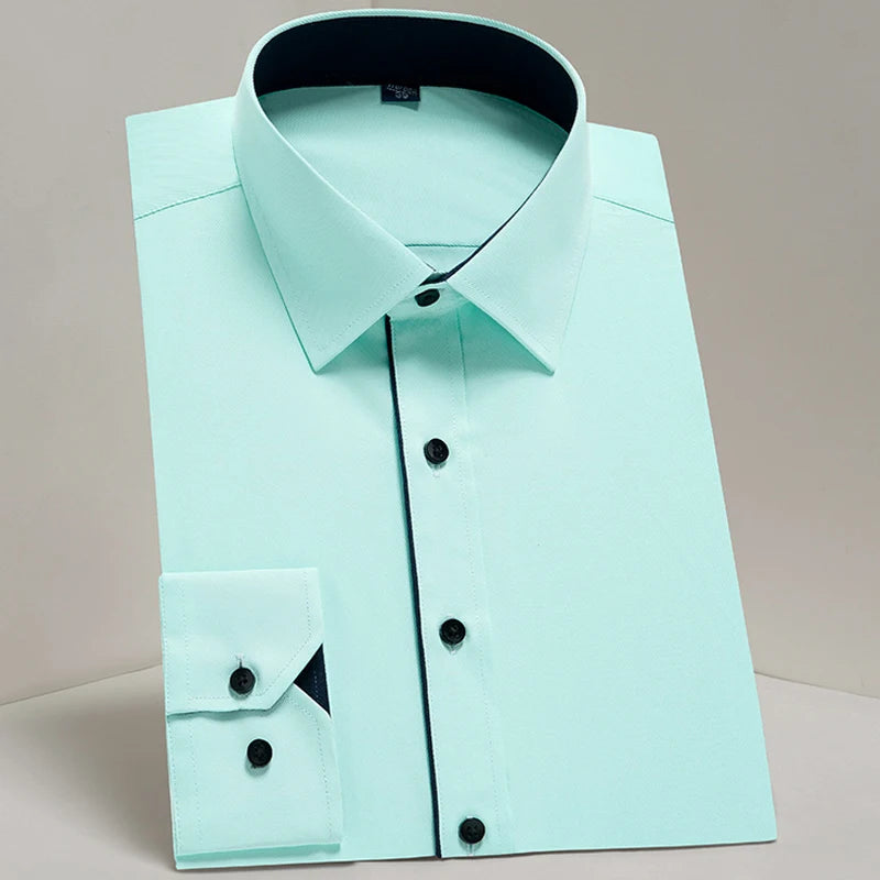 Camisas sociais masculinas clássicas de manga comprida, ajuste padrão, formal, negócios, social, simples, design básico, branco, trabalho, escritório, camisa casual