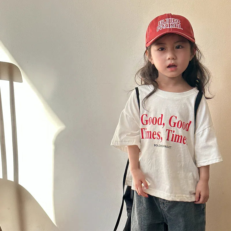 2025 verão moda solta menina crianças carta impressão camiseta menino bebê algodão manga curta camisetas criança casual topos roupas da criança