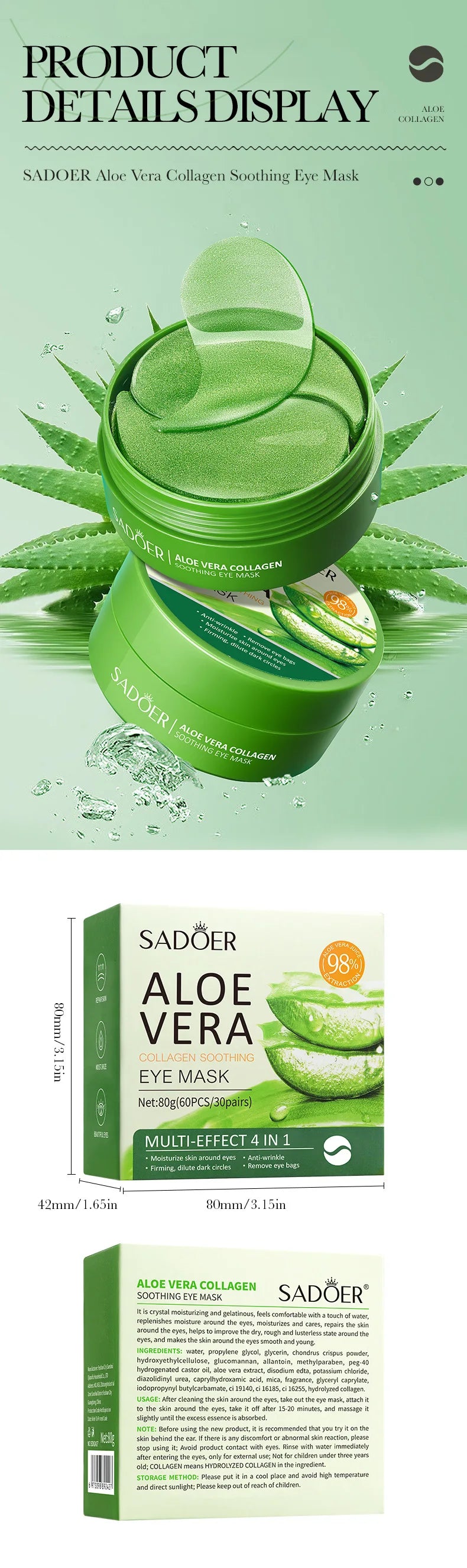 60 pçs/caixa aloe vera colágeno máscara de olho anti círculos escuros remover sacos de olhos hialurônico hidratante endurecimento remendos de olho cuidados com a pele