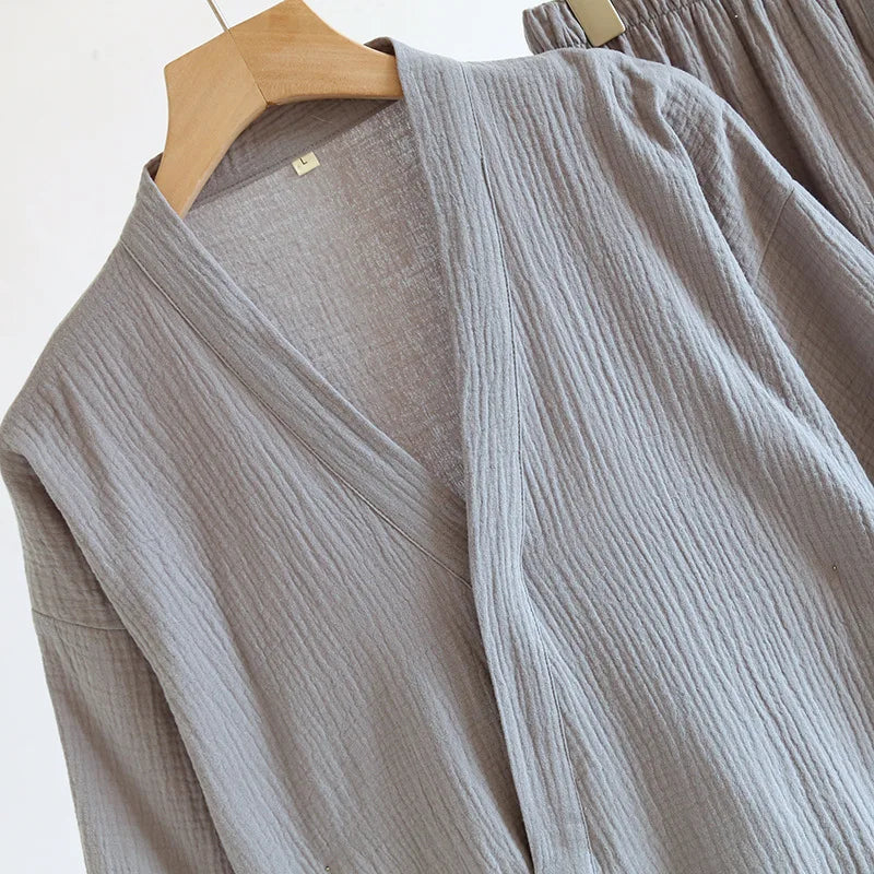 Primavera/outono japonês quimono pijamas masculinos pijamas masculinos gaze fina algodão rendas topo + calças soltas de duas peças homewear