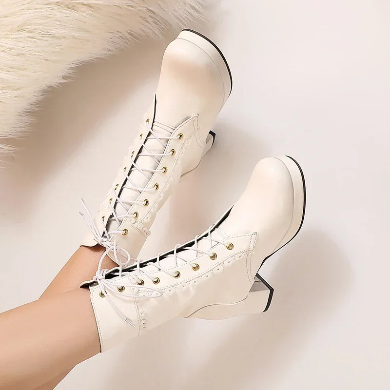 Moda feminina lolita meados de bezerro botas outono inverno elegante senhora cosplay sapatos de festa plataformas couro plus size botas dropship