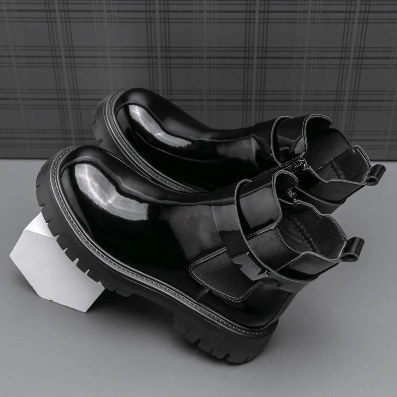 Botas masculinas de couro envernizado, de alta qualidade, superfície brilhante, confortável, sola grossa, cano alto, marca de moda, antiderrapante, chelsea