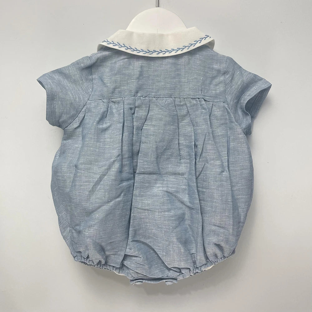 Roupa de boutique infantil, artesanal para menino, conjunto bordado, algodão azul, manga curta, roupa de irmãos, batizado, aniversário