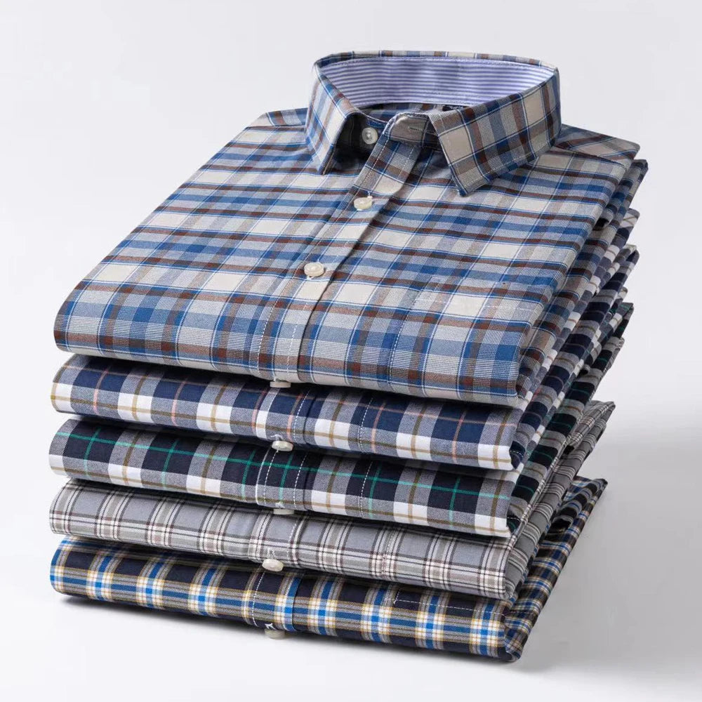 Camisas de vestido de algodão com design de gola de lapela listrada xadrez na moda masculina, camisa casual de manga comprida com botões para primavera/outono