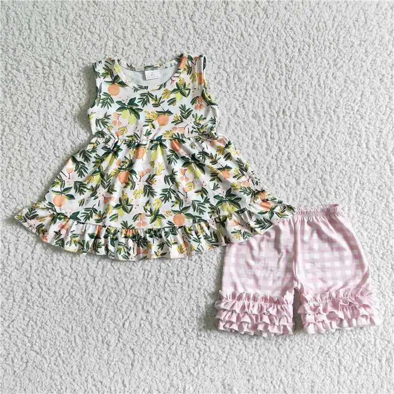 Bebê meninas boutique verão frutas roupas melancia vermelho camisa rosa dot plissado shorts atacado crianças roupas conjunto criança roupa
