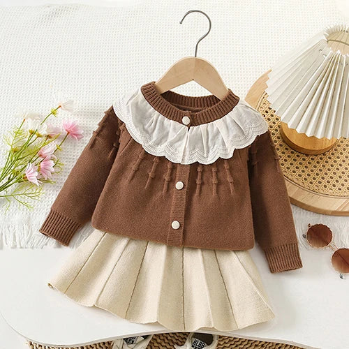 2025 novo outono 0-5yrs bebê meninas conjunto de roupas manga comprida malha cardigan casaco + saia curta crianças roupas de malha terno