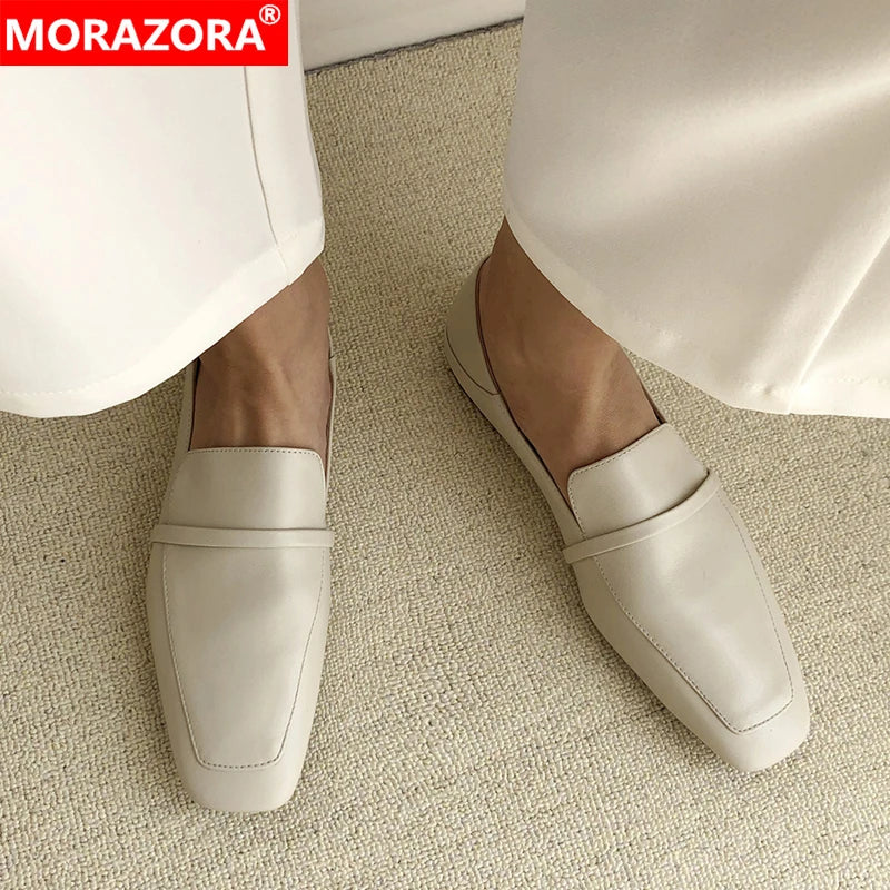 Mocassins de couro genuíno das mulheres Morazora, sapatos baixos confortáveis, moda, tamanho 34-43, primavera e verão