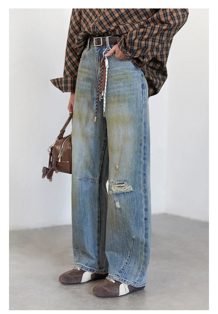 Chic ven retro calças de brim femininas soltas casuais nova cintura alta pernas largas denim calças femininas primavera outono 2025