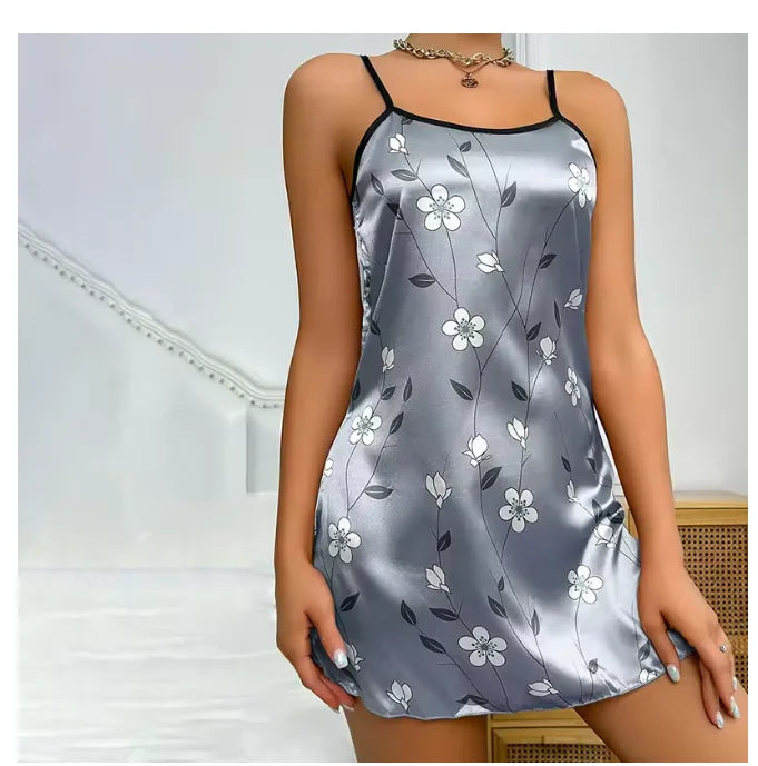 Pijamas femininos verão floral impressão cetim camisola casual sem mangas sem costas deslizamento noite vestido sexy camisola roupas de casa