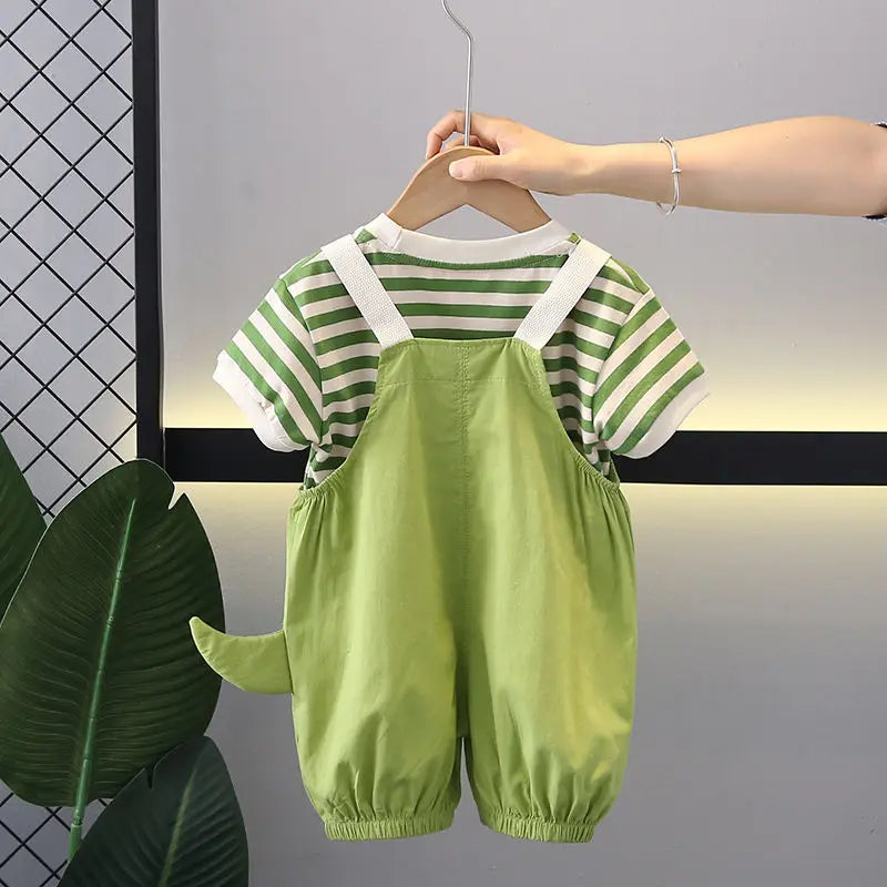 Verão crianças meninos roupas da criança casual dinossauro roupas tiras t camisa dos desenhos animados babador calças curtas 2 pçs/set crianças terno conjuntos