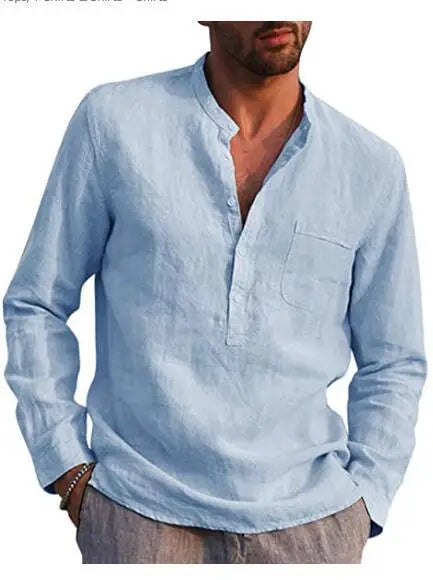 Camisa de linho respirável masculina, confortável, cor sólida, manga comprida, solta, Harajuku, blusa casual, camisa havaiana, breve, 2022