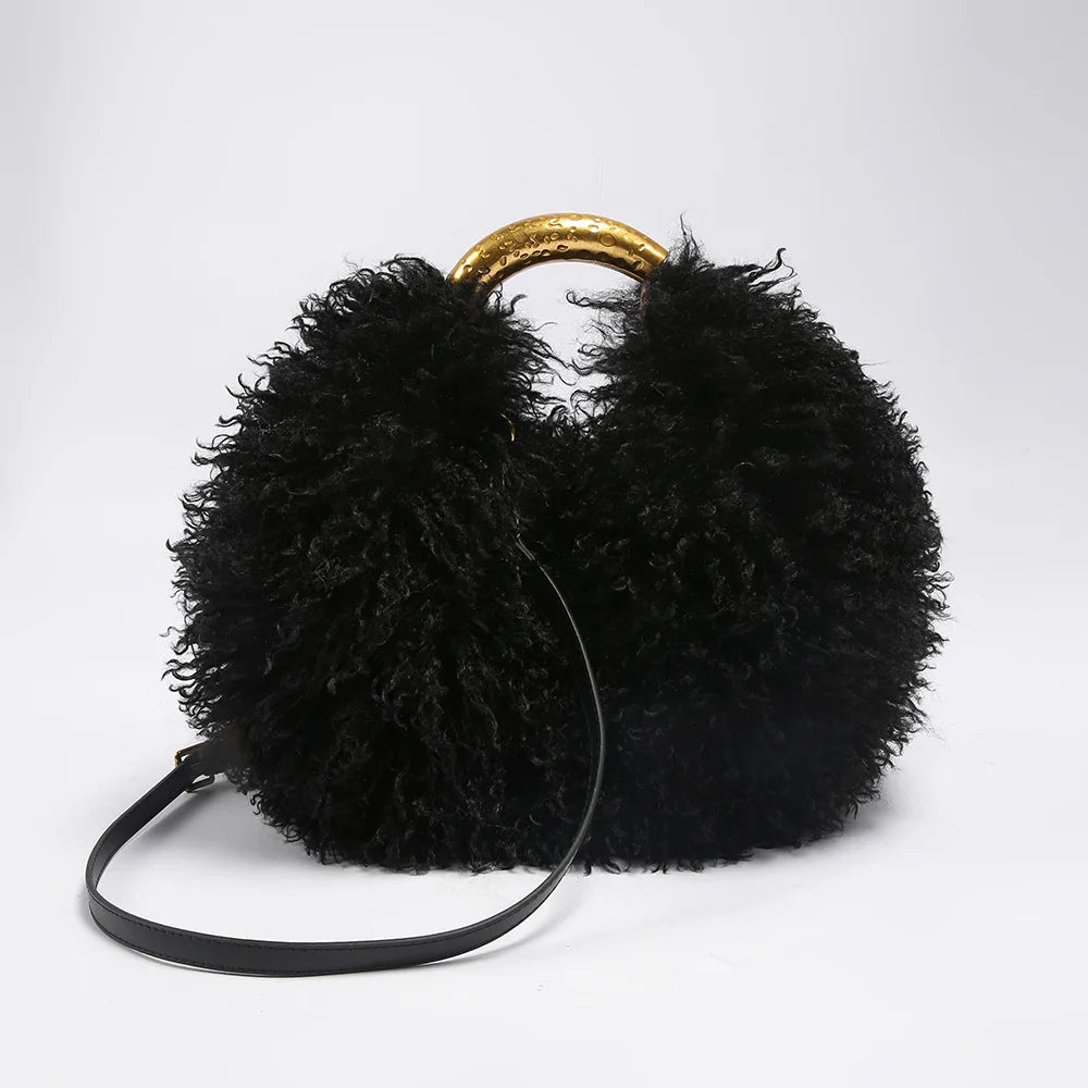 Moda feminina longa pele lã saco praia falso lã pele bolsa de ombro senhoras peles falsas bolsa luxo mongol ovelhas sacos de pelúcia