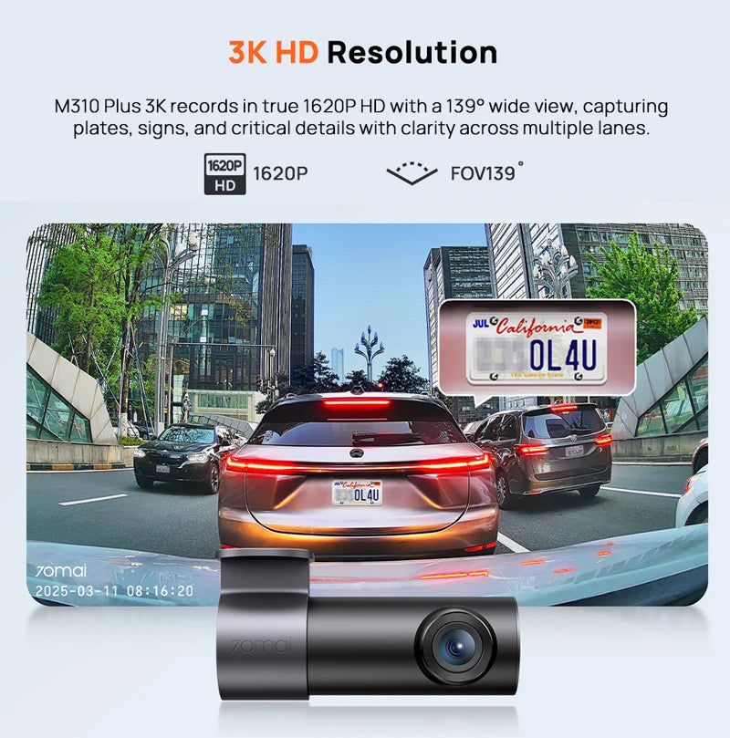 Novo 70mai Dash Cam M310 Plus 3K 1620P WDR Controle de Voz 139 ° Monitor de estacionamento do gravador do carro FOV DVR 70mai M310 Plus 3K