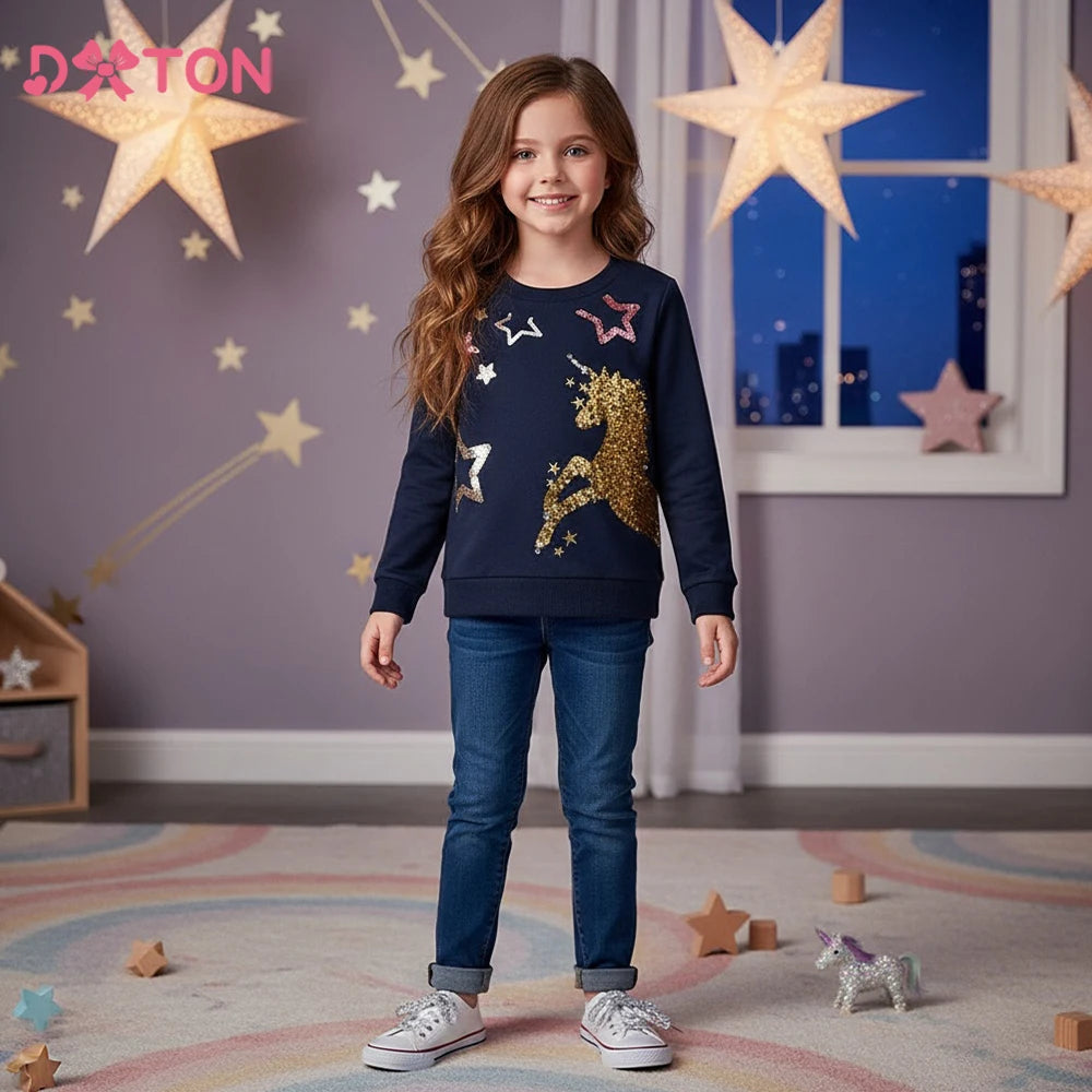 Dxton moletom infantil com lantejoulas, pulôver para bebês meninas, roupas unicórnio, roupa externa diária para crianças, camisetas esportivas de inverno