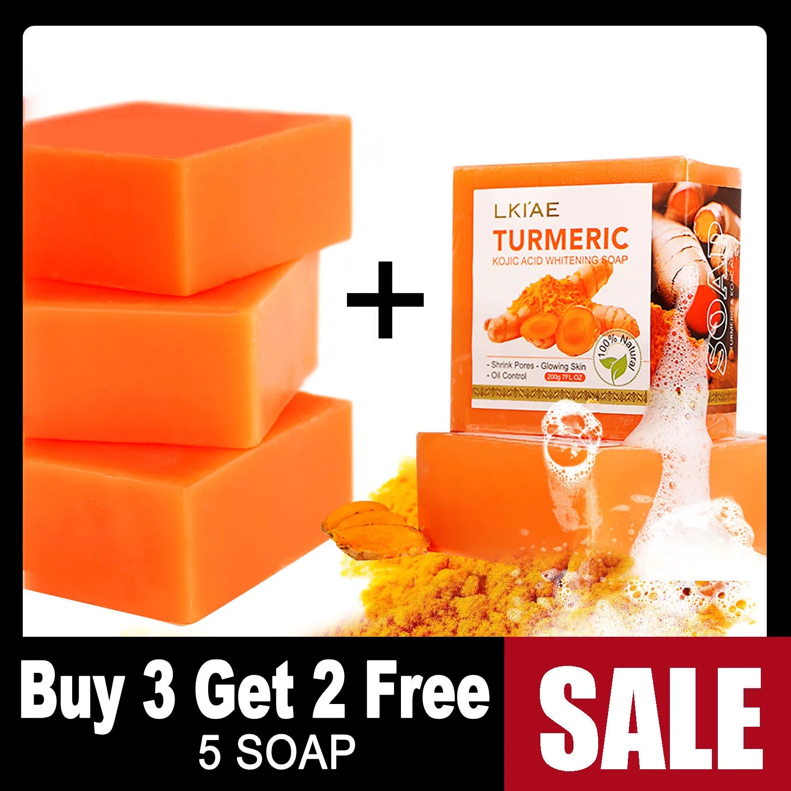Barra de Sabão Clareadora Natural de Cúrcuma, Limpa a Pele, Remove Manchas Escuras, Acne, Hiperpigmentação, Deixa a Pele Lisa, Para Rosto e Corpo, 200g