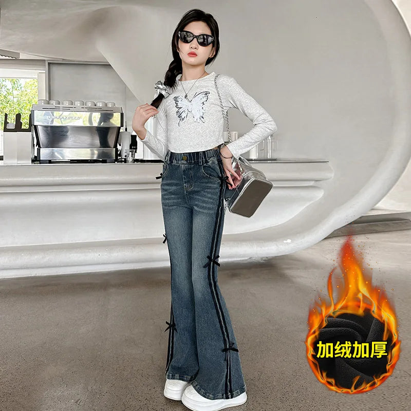 Crianças inverno fino ajuste bootcut flanela forrado jeans para meninas elegante isolado queimado calças jeans crianças calças térmicas quentes