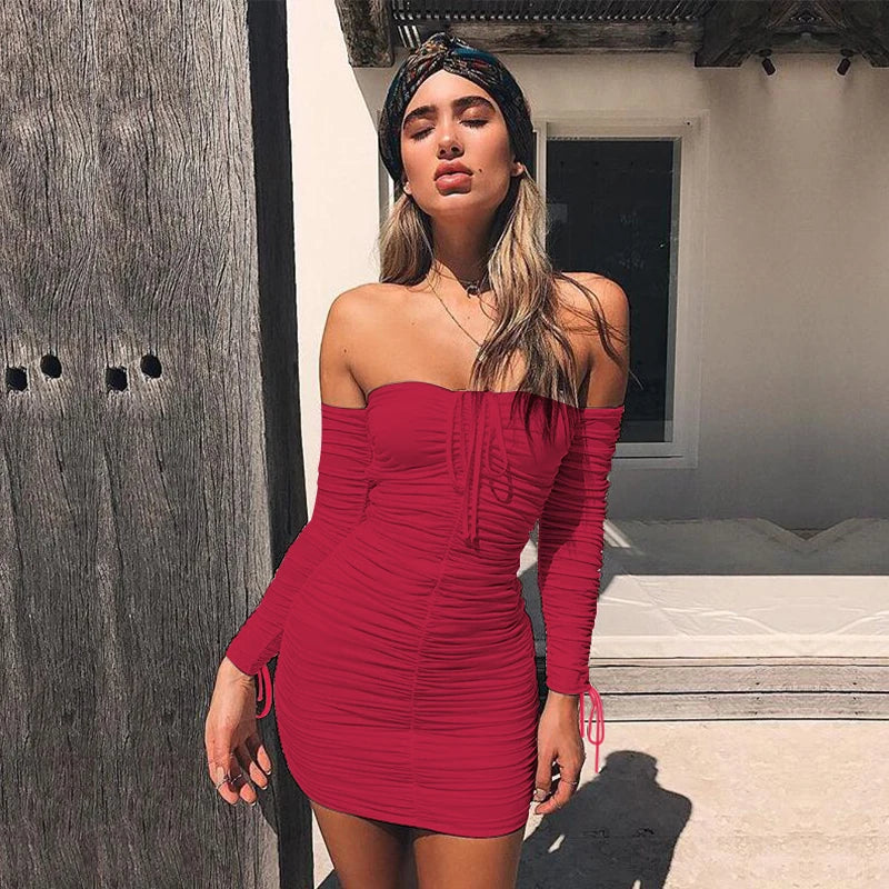 Articat feminino outono inverno bandage vestido feminino 2022 sexy fora do ombro manga longa magro elástico bodycon vestidos de festa