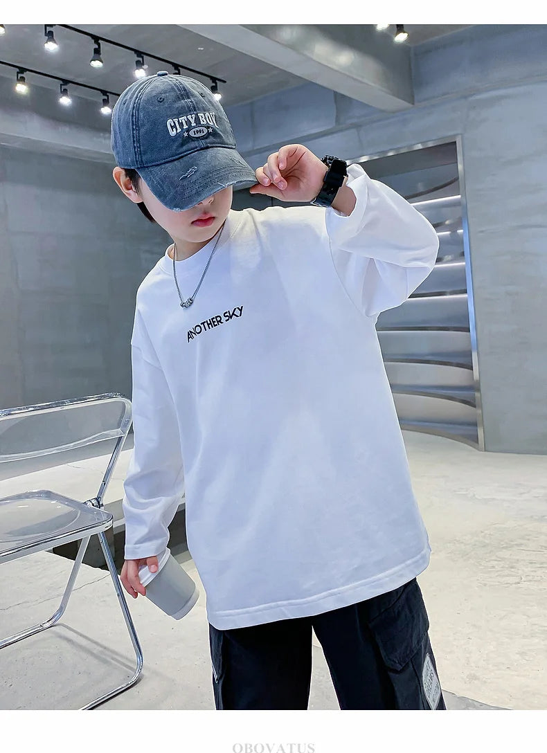 Nova primavera crianças manga longa camiseta de algodão para meninos solto estilo breve tshirt adolescentes crianças escola camisetas roupas de moda do bebê