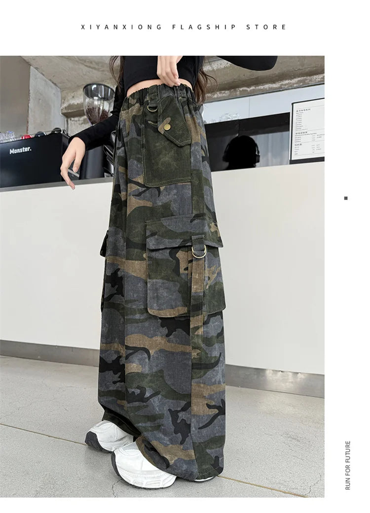 Crianças baggy camuflagem calças de carga com bolso para a menina streetwear y2k camo calças crianças harajuku coreano hip hop sweatpants