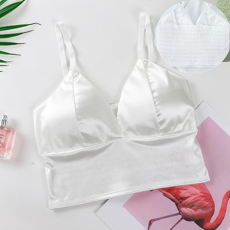 Sexy tops de cetim para mulheres, bralette sem fio, top de crochê, alça de espaguete feminina, camiseta cortada com peito, camisola acolchoada