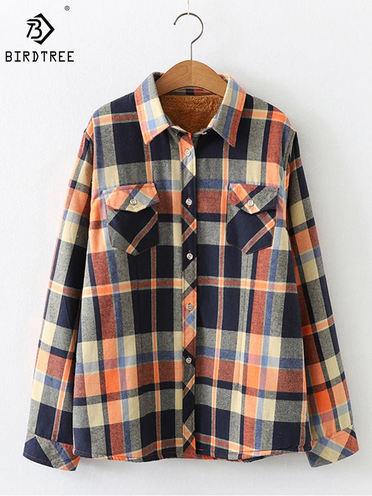 Camisa Xadrez Feminina de Veludo Grossa e Quente, Blusa Casual de Manga Longa com Forro de Lã para Inverno, Tamanhos M-5XL, Roupa de Outono T77710A