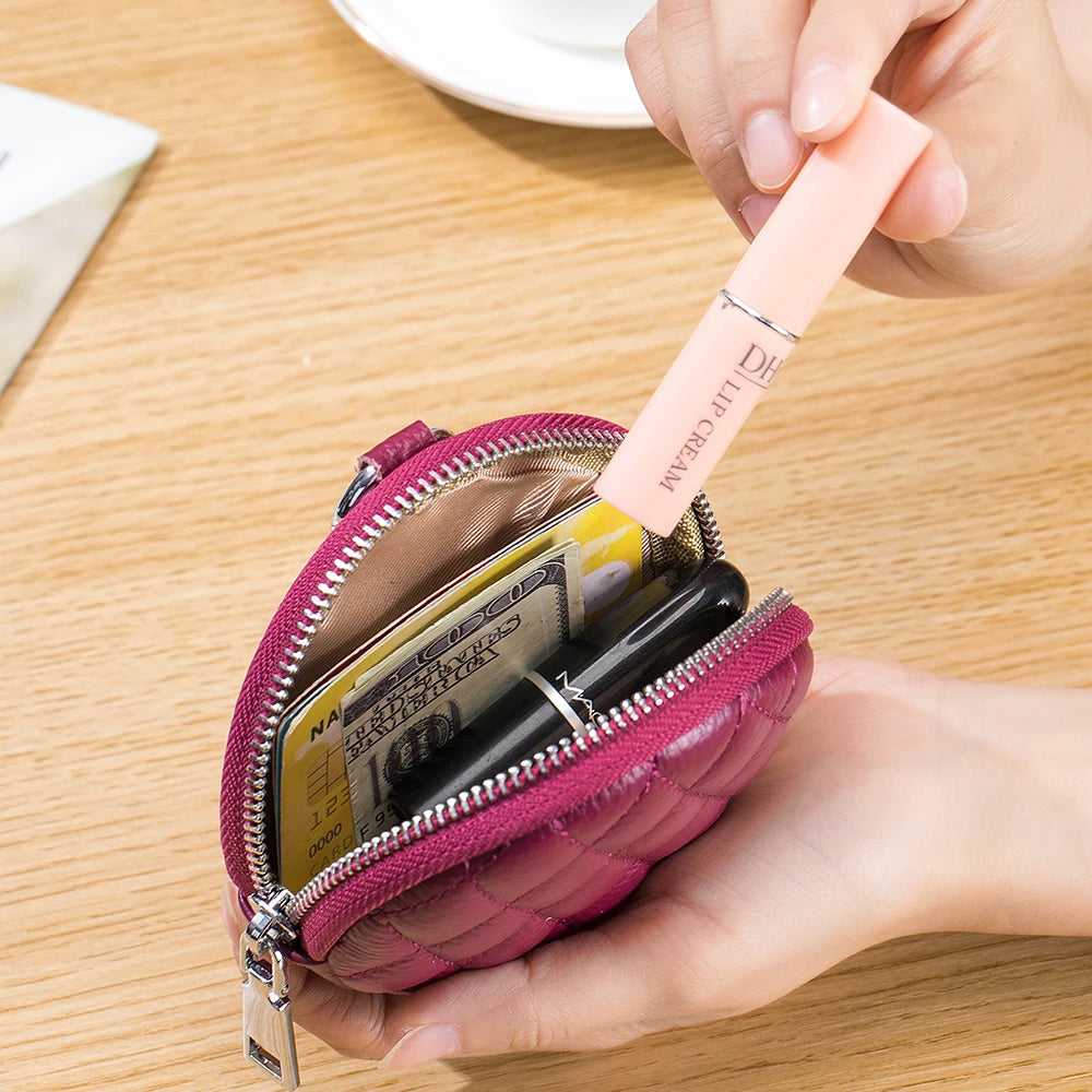 Mini porta-moedas de couro real para mulheres, carteira de costura de diamante mini organizador, bolsa de dinheiro pequena para chaves e fone de ouvido