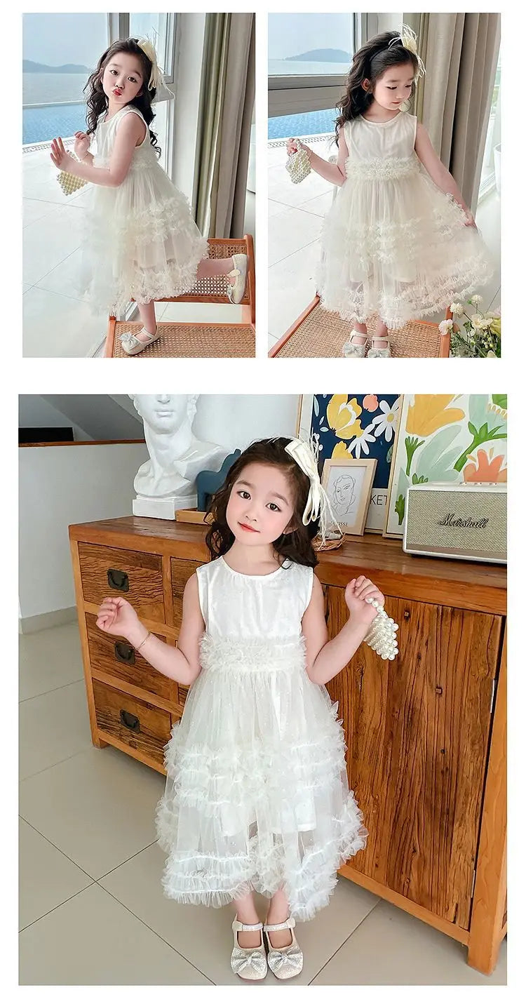 Novo Vestido Estilo Coreano 2026 para Crianças, Vestido de Verão Doce com Alças e Tule para Meninas