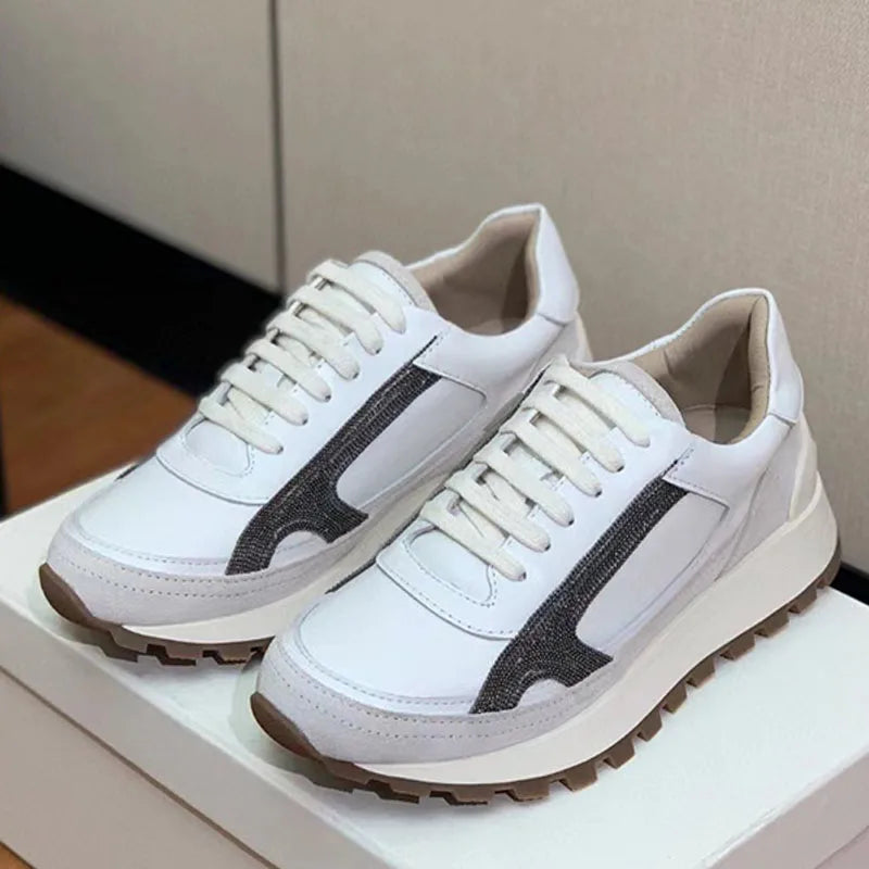 Sapatos casuais mulher dedo do pé redondo corrente corda grânulo conforto tênis de corrida senhoras camurça vaca retalhos rendas até tênis planos