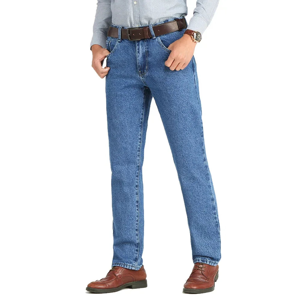 Homens de negócios jeans clássico primavera outono masculino algodão em linha reta estiramento marca denim calças verão macacão fino ajuste 2021
