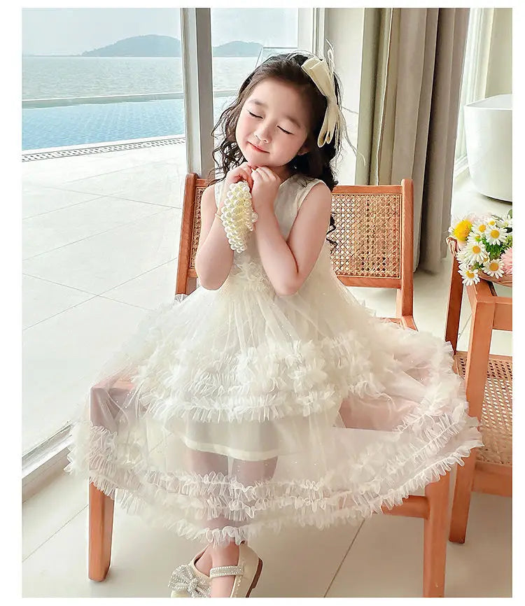 Novo Vestido Estilo Coreano 2026 para Crianças, Vestido de Verão Doce com Alças e Tule para Meninas