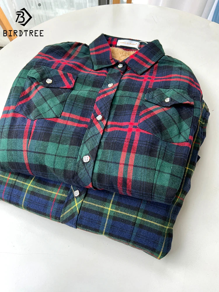 Camisa Xadrez Feminina de Veludo Grossa e Quente, Blusa Casual de Manga Longa com Forro de Lã para Inverno, Tamanhos M-5XL, Roupa de Outono T77710A