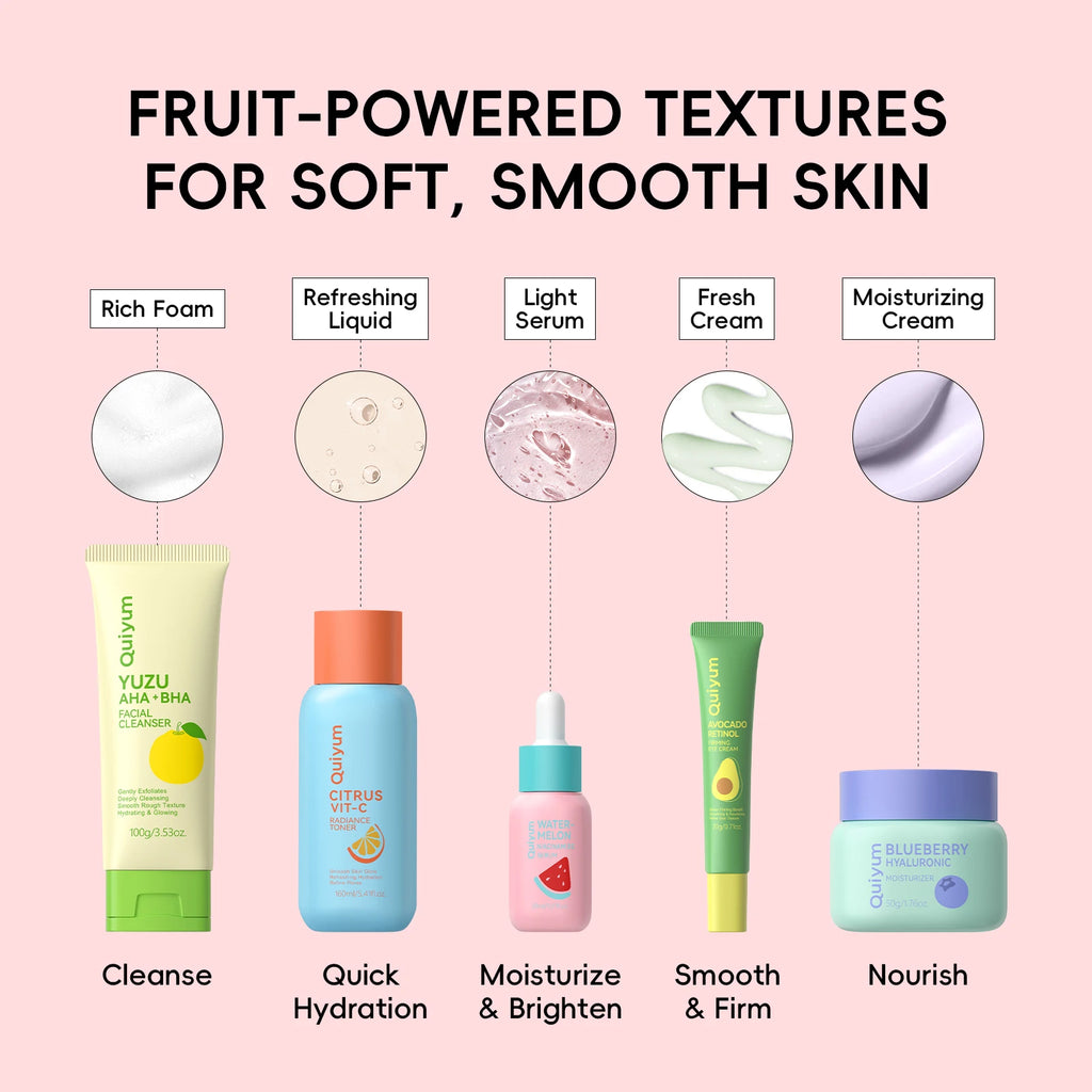 QUIYUM Fruit Fresh Collection Conjunto de cuidados com a pele de 5 peças, brilho, hidratante, anti-idade, cuidados faciais para pele seca e maçante
