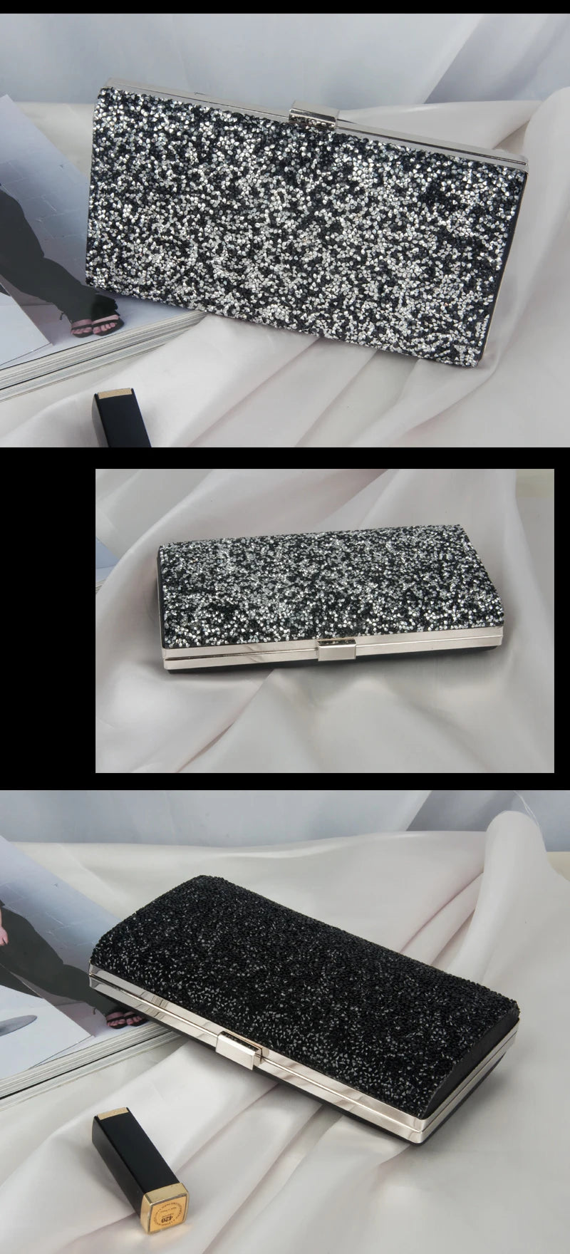 Lantejoula cristal dia embreagem para senhoras, bolsa de noite feminina, bolsa de casamento, banquete de festa, preto ouro prata, novo