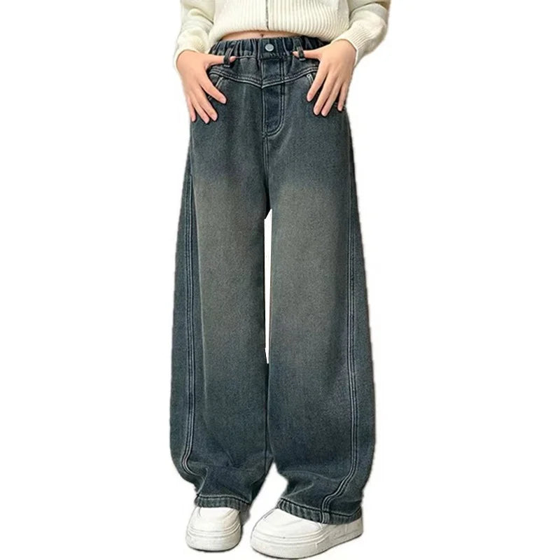Crianças casuais solto em linha reta ajuste jeans para meninas perna larga legal calças jeans crianças adolescente primavera cintura elástica calças jeans