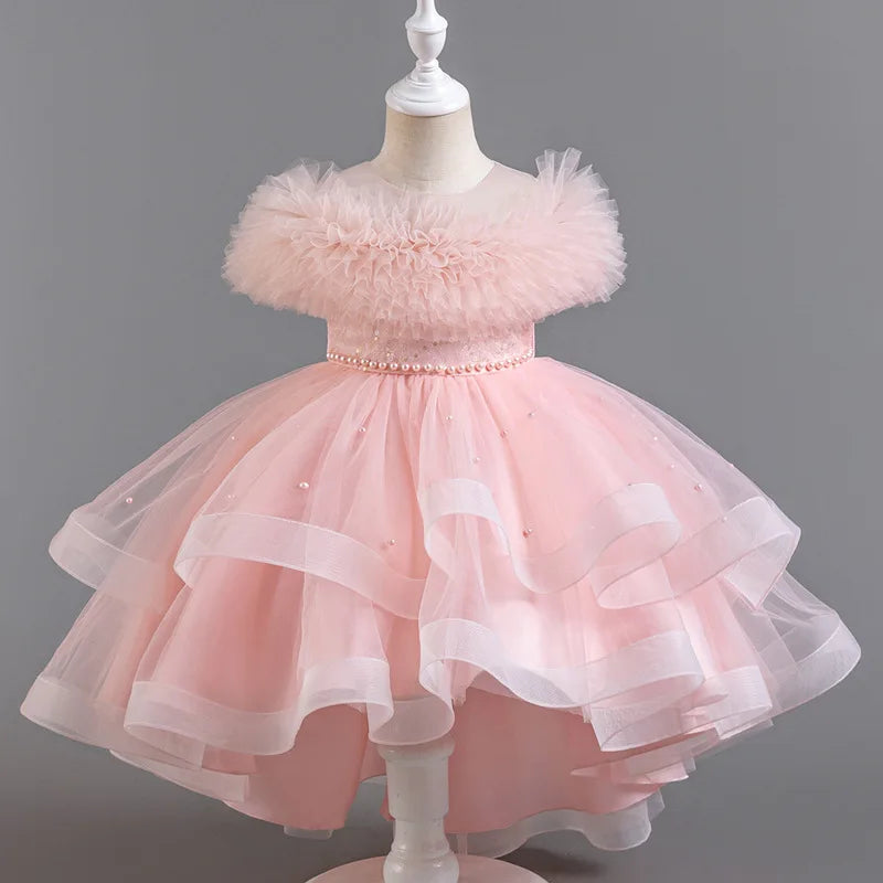 Moda cor sólida menina vestido de noite renda malha sem mangas vestido de festa para crianças menina verão crianças meninas vestido de festa 3-12years