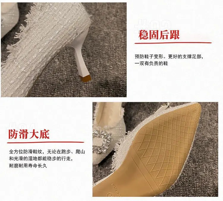 Salto estilete para mulheres, sandálias de strass, botão quadrado, sapatos de casamento, moda feminina, branco, 2024