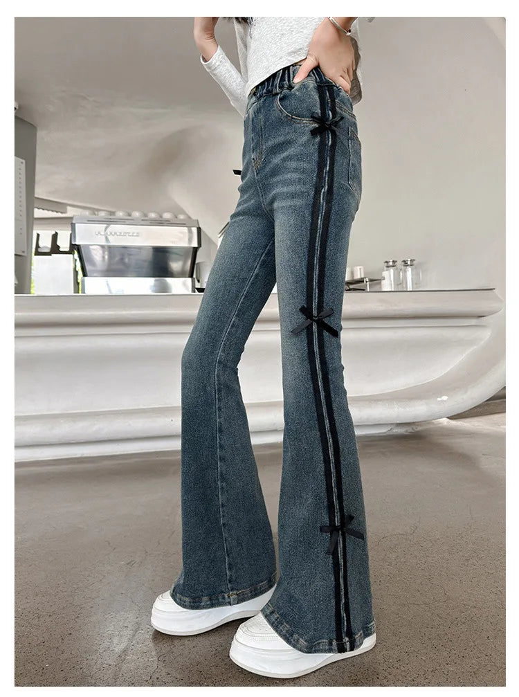 Crianças inverno fino ajuste bootcut flanela forrado jeans para meninas elegante isolado queimado calças jeans crianças calças térmicas quentes